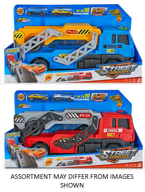 Car Carrier Truck with Folding Deck Light and Sound with 2 Alloy Cars 2 assorted