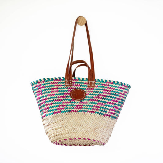 Classic Market Basket With Green And Pink Weaving
