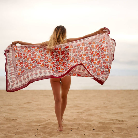 Block Print Cotton Sarong - Maroon Print