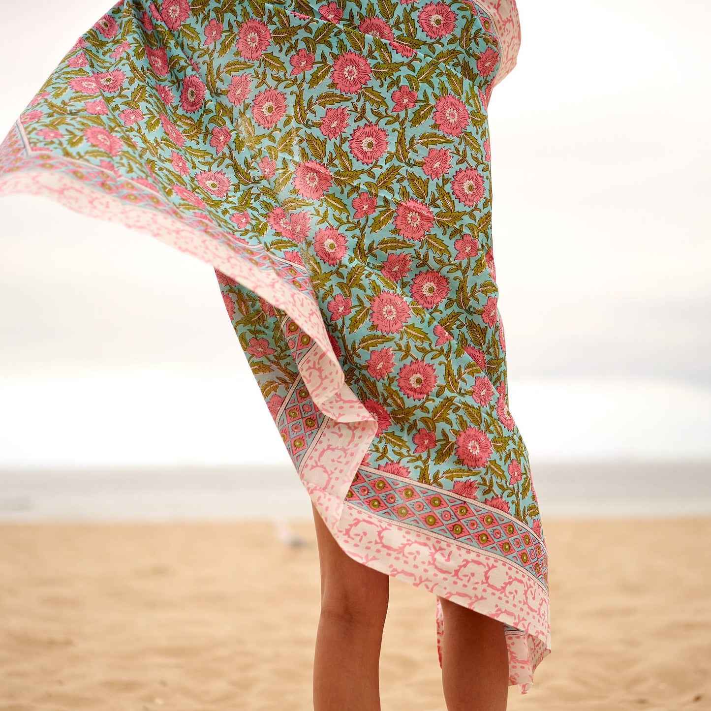 Block Print Cotton Sarong - Pink Floral