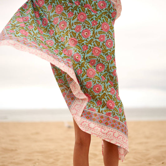 Block Print Cotton Sarong - Pink Floral